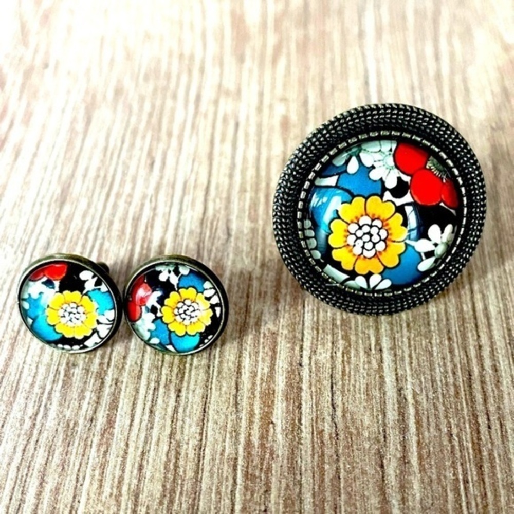 Boho Floral Print Ring and stud earrings set, Unworn, Handmade, NWT